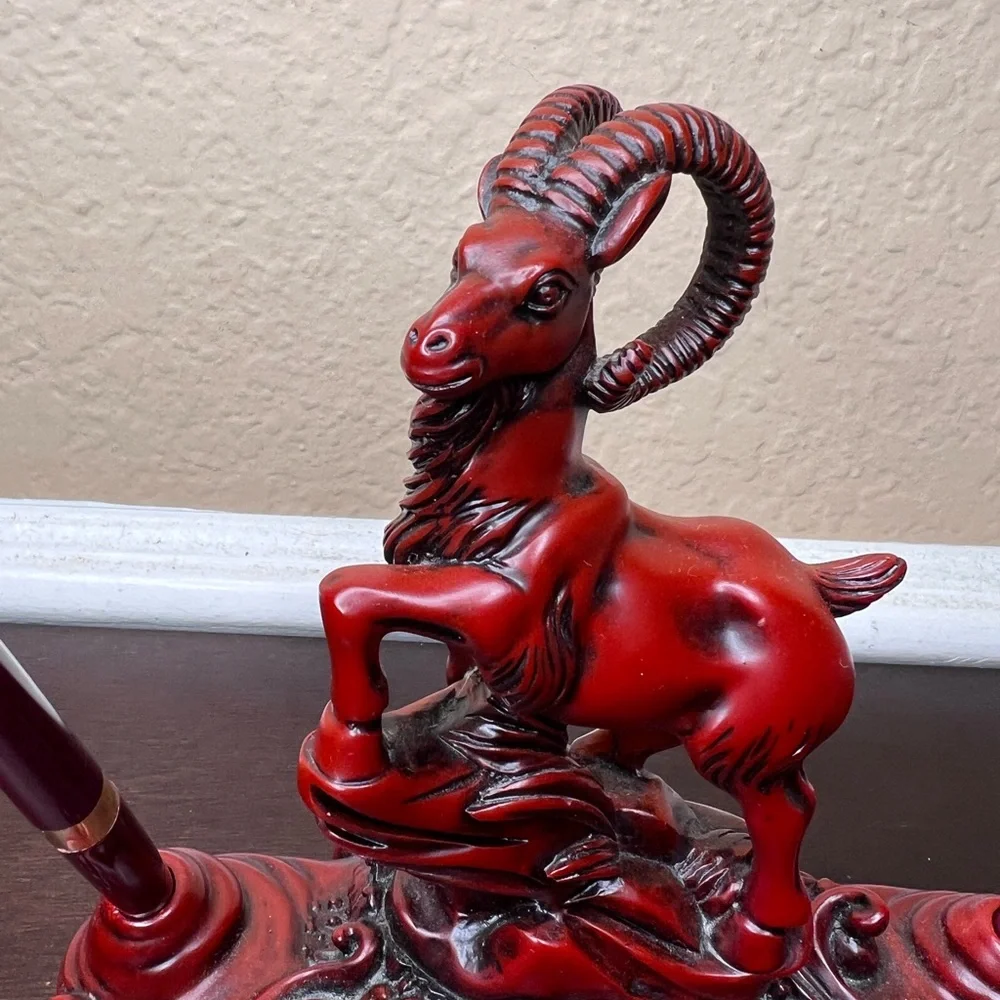 Vintage Red Resin Goat Pen Holder, Mandarin Product, Double Pen Stand